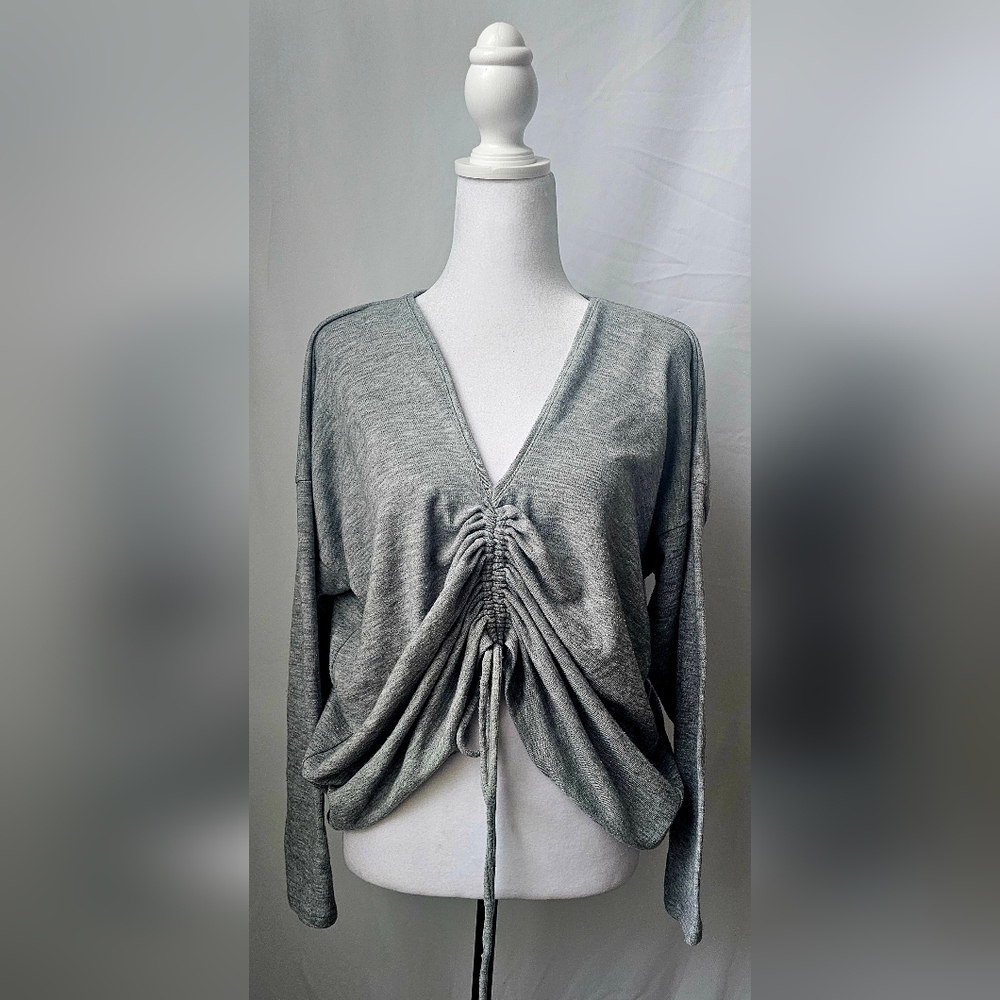 Large ZARA Gray Ruched Front V-Neck Long Sleeve Top